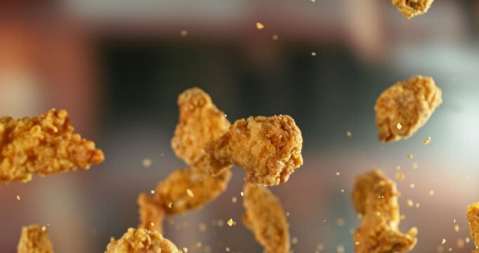 Super Slow Motion of Flying Fried Chicken Wings and Pieces. Abstract Blur Interior on Background. Filmed on High Speed Cinema Camera , 1000fps. Camera in Motion. Speed Ramp Effect.