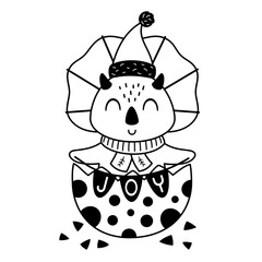 Christmas dinosaur clipart. Black and white dinosaur doodle. Cute festive character. Hand draw vector illustration in flat style