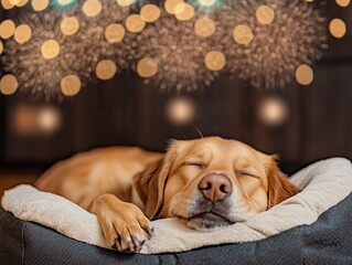 photography of a brown dog sleeping calmly in its dogbed even though there are fireworks outside