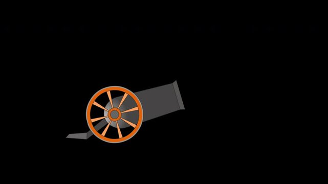 Cannon firing moving animation. Shooting wildly. Old, retro, cartoon  cannon energetic, bang, with wheel turns. Chemistry, word war gun.  Gunpowder. Alpha channel, transparent back video footage 