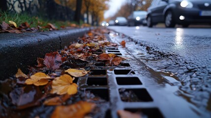  Clogged water drainage grate covered with decaying leaves, twigs, and debris.