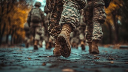 Close-Up of Soldiers Marching in Formation on Parade Ground