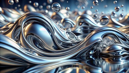 Glossy Silver Metal Fluid Chrome Effect Background with Mirror Water Texture for Premium Product Photography and 3D Render Illustrations