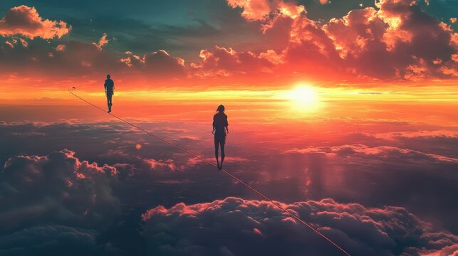 An adventurous tightrope walker silhouetted by the soft pinks and oranges of a vibrant sunrise, high above the earth