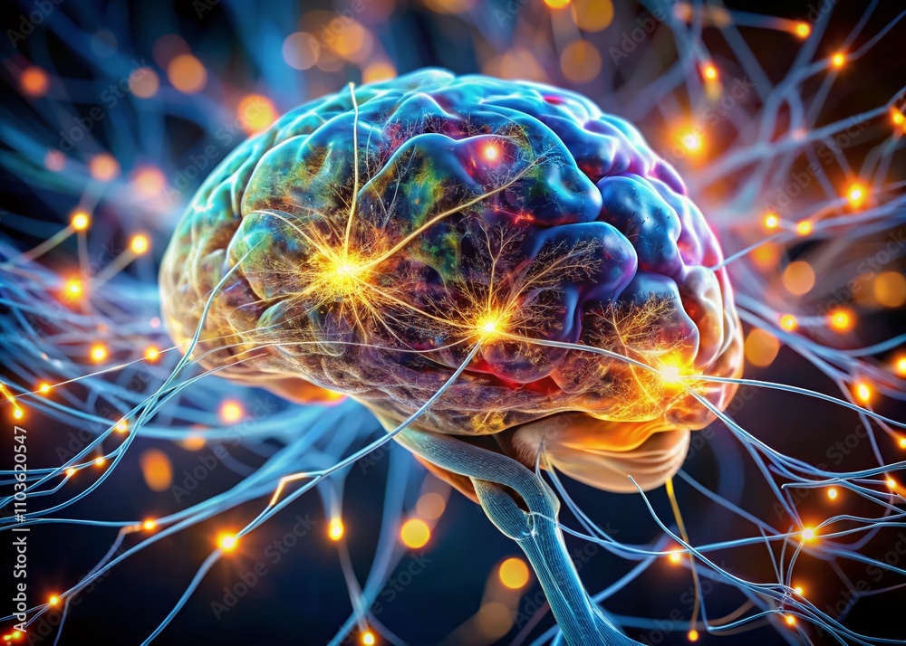Poster glowing volumetric human brain model with rotating nerve cells in long exposure effect for dynamic v