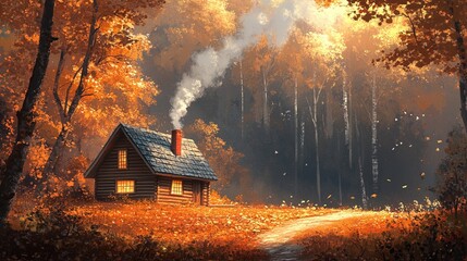 A cozy cabin nestled in the woods, smoke curling from the chimney