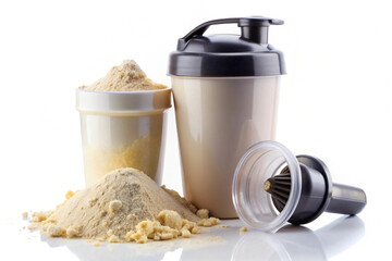 Fresh Whey protein powder with shaker, isolated on white background