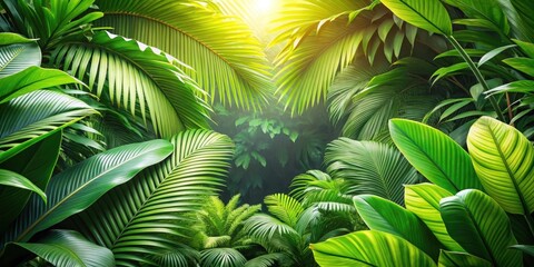 Tropical green leaves plants in natural setting , jungle, foliage, lush, flora, nature, background, botanical, environment