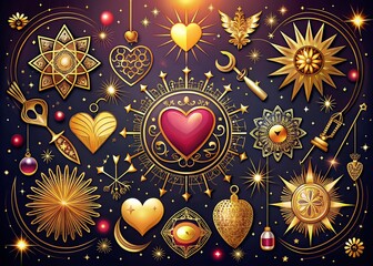Golden Boho Valentine Symbols with Celestial Elements Featuring Hearts, Cupid Arrows, Diamonds, and Tarot Keylock in a Mystical Constellation Design for Romantic Inspiration