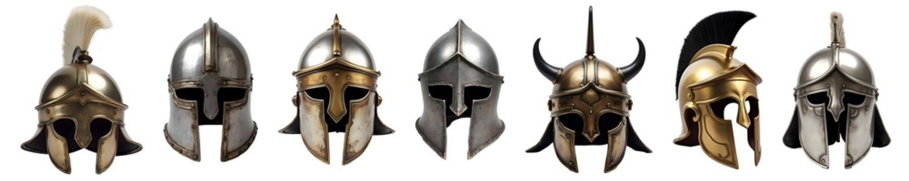 Set of various medieval helmets isolated on transparent background.