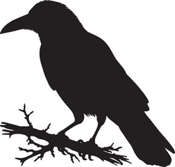 crow Silhouette on Branch, A striking silhouette of a crow perched on a branch, its wings folded, creating a dramatic and mysterious image.