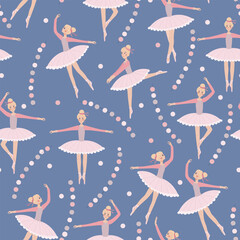 Dancing ballerinas in different poses with fairy lights. Vector endless pattern on light blue background. © September girl
