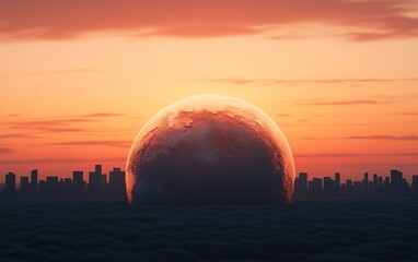 A stunning sunset with a large, glowing orb on the horizon, illuminating a city skyline beneath a colorful sky.