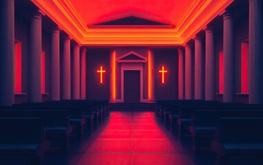 A vibrant, modern chapel features bright red neon lights and crosses, creating a striking atmosphere with dark seating and classical architecture.