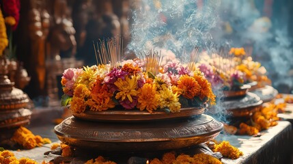  Spiritual festival scene with individuals bowing, colorful offerings of flowers and incense placed around beautifully adorned altar.