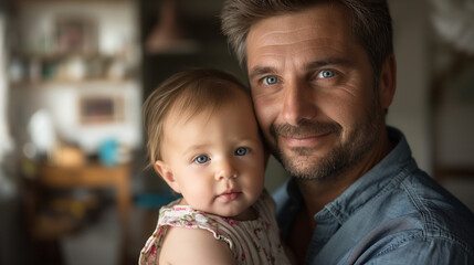 Father holding baby lovingly in a warm and cozy interior