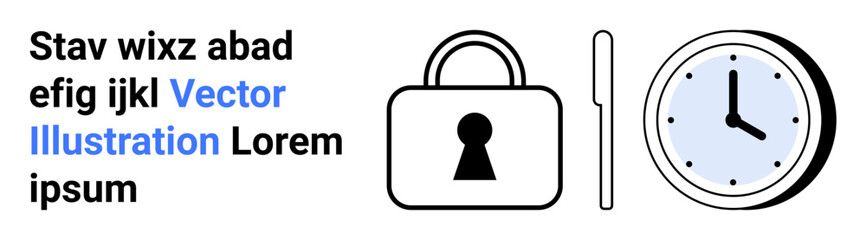 Text on the left side, lock and clock icons on the right. Ideal for security themes, time management, productivity, technology, digital content, educational business presentations. Landing page