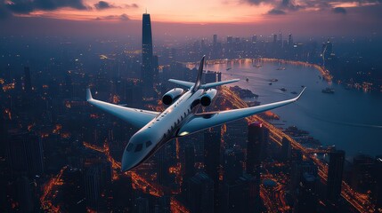 Naklejka premium Aerial view of futuristic plane flying over cityscape illuminated by advanced urban lighting, with ocean shimmering in the distance.
