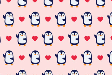 Naklejka premium Cute pattern. Penguin and hearts. Vector illustration