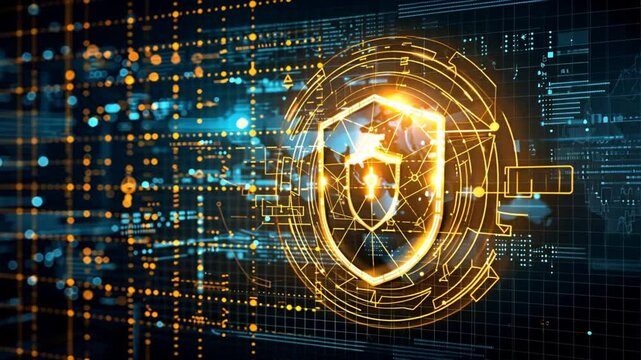 Digital Shield Symbol of Cybersecurity and Data Protection, Innovating Security and Technology in Digital Network with Glowing Information Patterns.