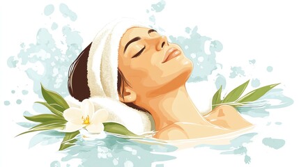 a 2D cartoon illustration of a person having a wellness spa day, calm and relaxed, white background--ar 16:9