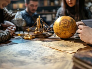 Astrologer consulting a client using charts and tools in a professional, mystical setting