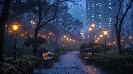 Obraz premium A serene park path illuminated by street lamps in a misty urban setting.