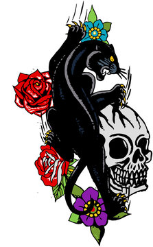 Panthere tete de mort crane hipster skulls rose Tattoo old school style tatouage