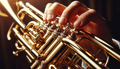 Fototapeta premium A close-up of hands skillfully playing a golden trumpet, highlighting its intricate design and rich sound