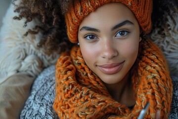 Cheerful woman sitting on couch at home, using smartphone and enjoying a relaxing moment