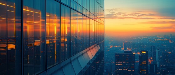 A captivating high-rise office building scene at dusk, showcasing vibrant city lights and a stunning skyline. Ideal for corporate or urban-themed projects.