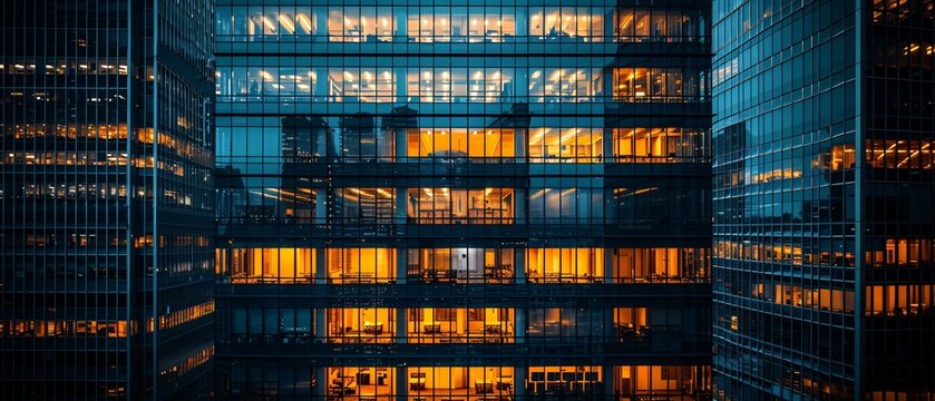A stunning view of a high-rise office building at dusk, showcasing illuminated windows amidst a vibrant urban skyline. Ideal for corporate or architectural uses.