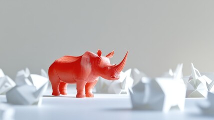 Obraz premium A red rhino figurine dominates a minimalist setting of white paper rhinos, emphasizing themes of uniqueness and imagination.