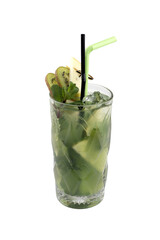 A refreshing green cocktail with lime, mint, kiwi and ice, served in a tall glass with two straws.