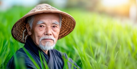 Fototapeta premium Portrait of an elderly Chinese man, approximately 95 years old, standing in the middle of a lush green rice field. Chinese man in a bamboo hat. copy space. rural simplicity of ancient China.