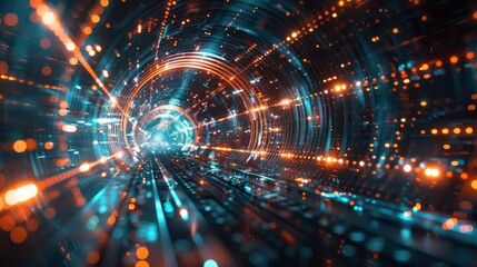 Obraz premium Abstract digital tunnel with glowing particles and light trails representing motion and energy.