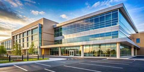 Modern hospital building exterior with large windows and spacious parking lot , healthcare, medical, clinic