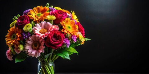 Small bouquet of multicolored flowers on black background, bouquet, small, multicolored, flowers, isolated, beauty