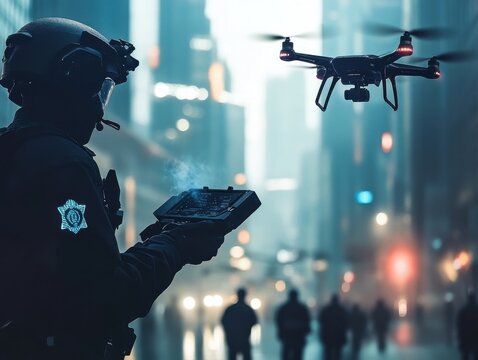 Modern police officers using high-tech drones and AI for surveillance in urban cityscape