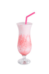 A refreshing pink milkshake topped with whipped cream and served in a tall glass with a pink straw.