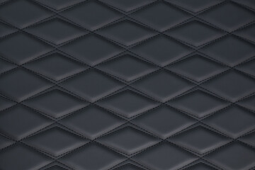 A high-quality texture image of black leather upholstery featuring a classic diamond-stitched pattern. The deep, rich color and intricate stitching create a luxurious and sophisticated appearance.