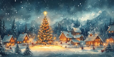 Fototapeta premium Winter Wonderland Scene with Christmas Tree and Snow-Covered Village
