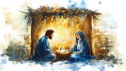 Illustration depicting Nativity scene in Bethlehem. Christmas illustration of holy family with baby Jesus in manger, Joseph, and Mary created in soft peaceful style radiating warmth and festive spirit