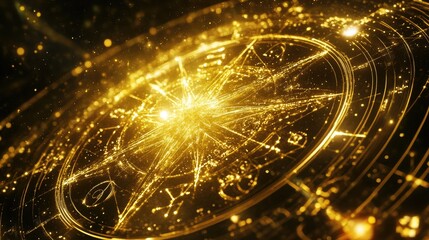 Celestial beauty: zodiac signs of gold light sparkling within a galaxy of constellations and cosmic energy.