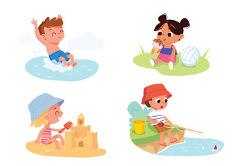 Kids on summer holiday weekend by on sea, river coast doing engaging in different activities having fun relaxing on vacation, spending having a great time outside outdoors on nature. fun recreational 