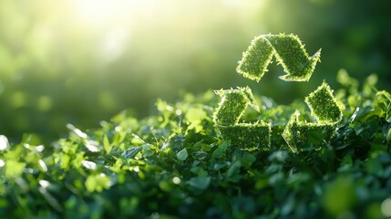 sustainability development goals concept. A vibrant green recycling symbol made of leaves sits amidst lush greenery, symbolizing sustainability and environmental awareness.