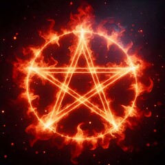 Background with fire pentagram and glowing stars.
