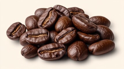 Glossy coffee beans are artfully scattered, inviting an aromatic exploration of rich, deep flavors and a touch of morning warmth.