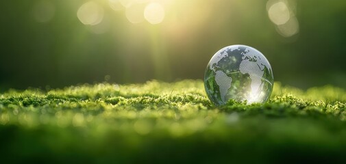 sustainability development goals concept. A crystal-clear globe rests on lush green moss, illuminated by soft sunlight, evoking a serene connection between nature and the world.