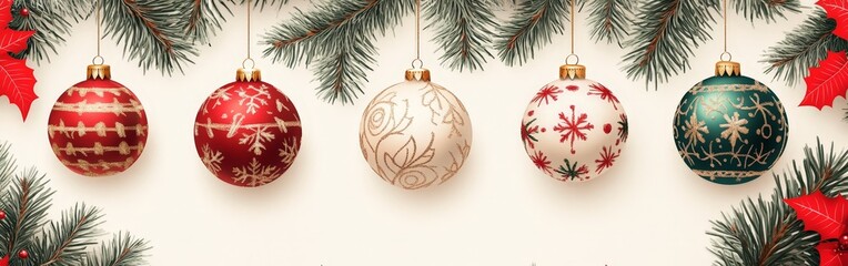 Vintage Christmas Ornaments Seamless Pattern with Pine